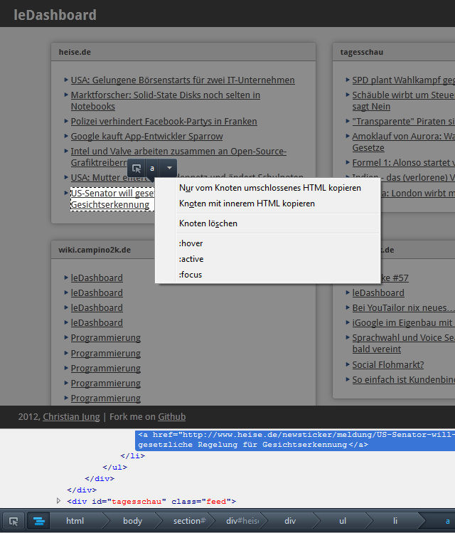 Screenshot des Inspectors aus Firefox 14